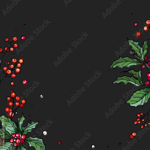 Fototapeta Naklejka Na Ścianę i Meble -  Christmas decor, plants line drawn on a black background