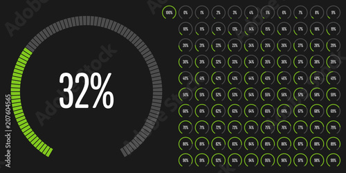 Set of circular sector percentage diagrams from 0 to 100 ready-to-use for web design, user interface (UI) or infographic - indicator with green