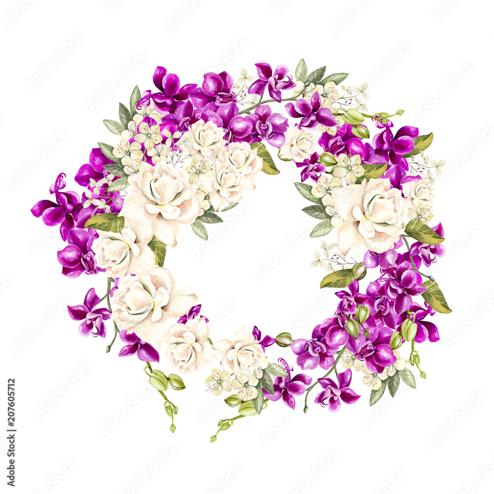 Beautiful, bright watercolor wreath with orchids. 