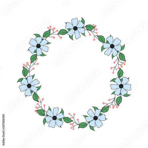Floral wreath with green leaves. Vector hand draw illustration. Round frame with wildflowers. Design for invitation  wedding  placard  birthday  save the date  banner  cover   layout  card  flyer