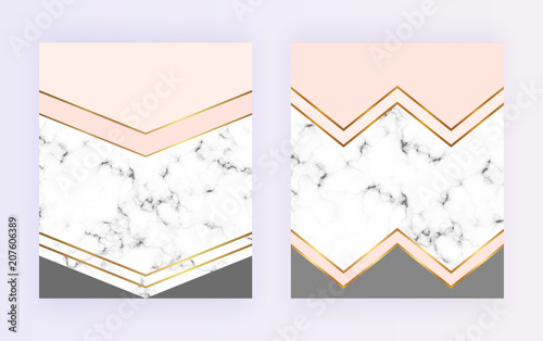 Geometric design with golden lines, triangular elements. Modern templates for invitation, wedding, placard, birthday, brochure, banner, cover,  layout, card, flyer