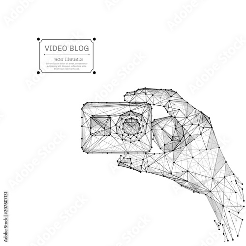 Abstract mash line and point vector action camera in hand origami on white background with an inscription. Black line construction.