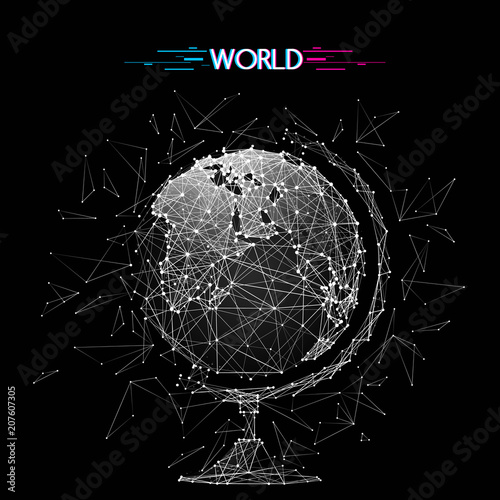 Abstract mash line and point of Globe origami on black background with an inscription. Polygonal image of Planet Earth with distruction effect. Vector world illustration. Glitch title.