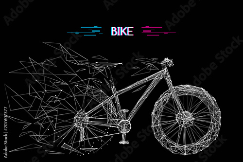 Abstract mash line and point bicycle origami on white background with an inscription. Vector image of bike with distruction effect. Bicycle Low poly wire frame illustration. Glitch title. photo