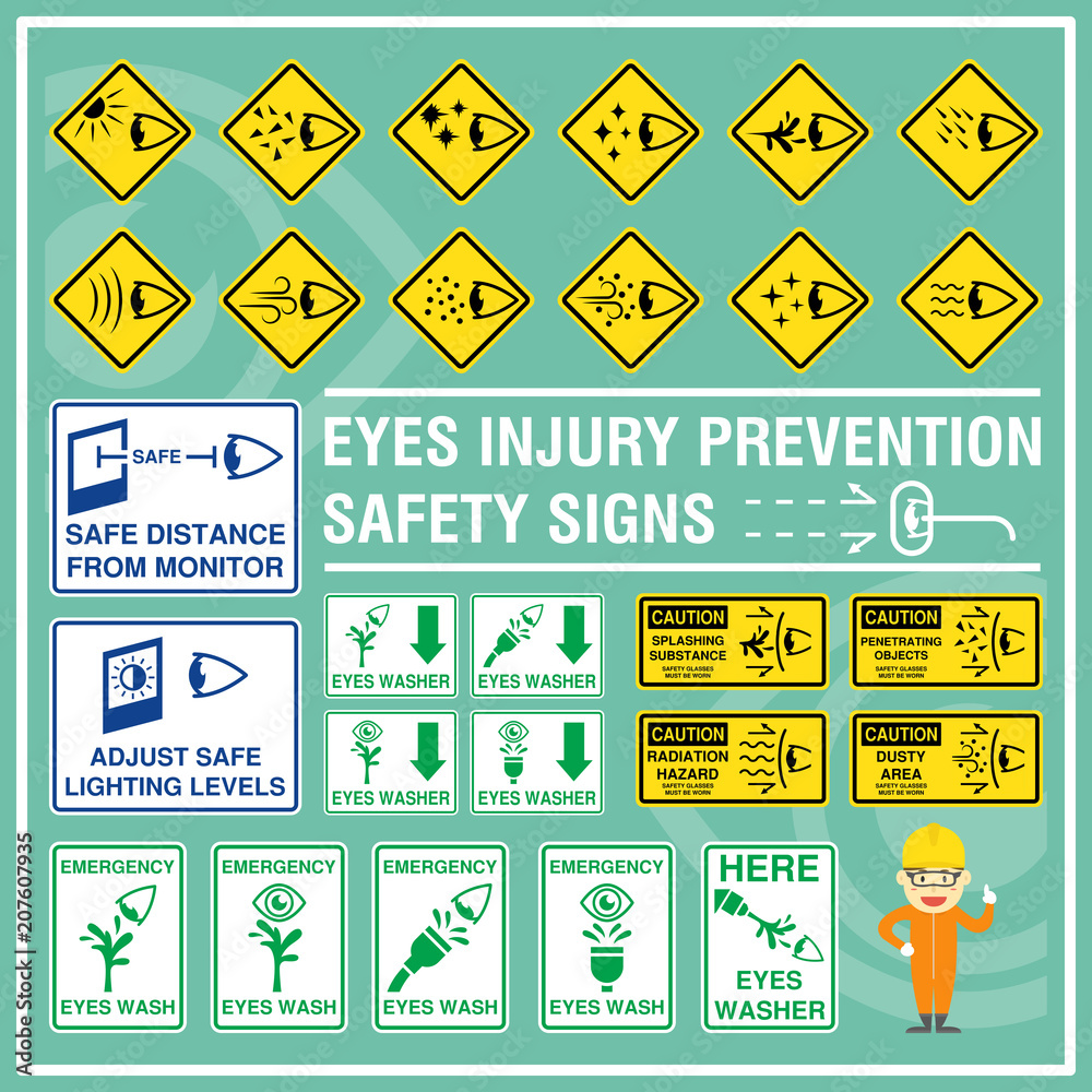 Vetor de Set of safety signs and symbols of eyes injury prevention