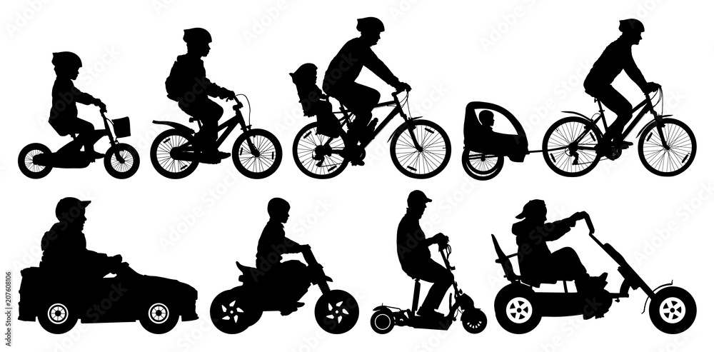 Family with children traveling on bikes. Mountain bike. Cyclist with a child stroller. City cycling family. Children transport, car, scooter, motorcycle. Amusement park. Silhouette vector set