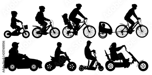 Family with children traveling on bikes. Mountain bike. Cyclist with a child stroller. City cycling family. Children transport, car, scooter, motorcycle. Amusement park. Silhouette vector set © nosyrevy