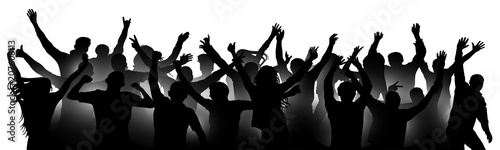 Cheerful people crowd applauding, silhouette. Party, applause. Fans dance concert, disco, concert, festival. Crowd of people dancing, hands up. Isolated vector