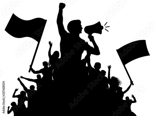 Man is a speaker with a loudspeaker. Crowd of people with flags, silhouette vector
