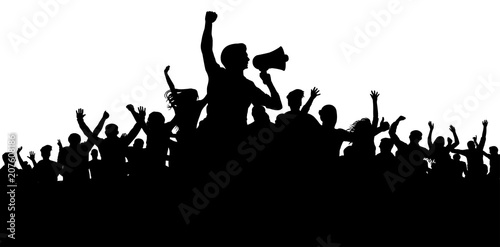 Crowd of people silhouette vector. Speaker  loudspeaker  orator  spokesman. Applause of a cheerful people mob. Sports fans. Demonstration  protest. Meeting of people