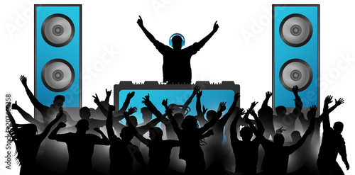 DJ in the headphones plays music on the mixer. Crowd of cheerful people applauding. Musical big speakers. Party, concert, club, festival