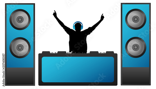 DJ in the headphones plays music on the mixer. Musical big speakers. Party, concert, club, festival