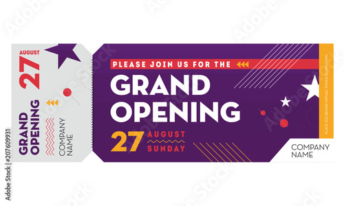 Grand opening colourful Voucher Invite Template. Vector background in Modern and Elegant Memphis style with Date and Time Text Box Template. Scissors cutting ribbon