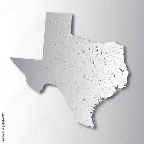 U.S. states - map of Texas with paper cut effect. Rivers and lakes are shown. Please look at my other images of cartographic series - they are all very detailed and carefully drawn by hand