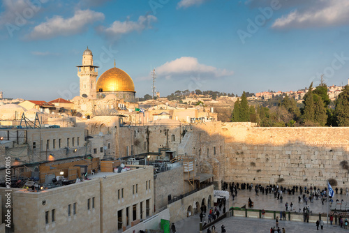 Jerusalem, Israel. A view of Temple Mount in the old city of Jerusalem, including the Western Wall and golden Dome of the Rock. 