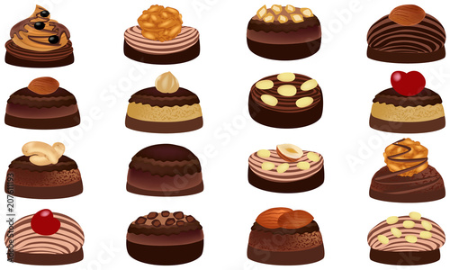 Chocolate and chocolate candies with nuts. Sweet candies isolated on white background. Vector illustration of chocolates.