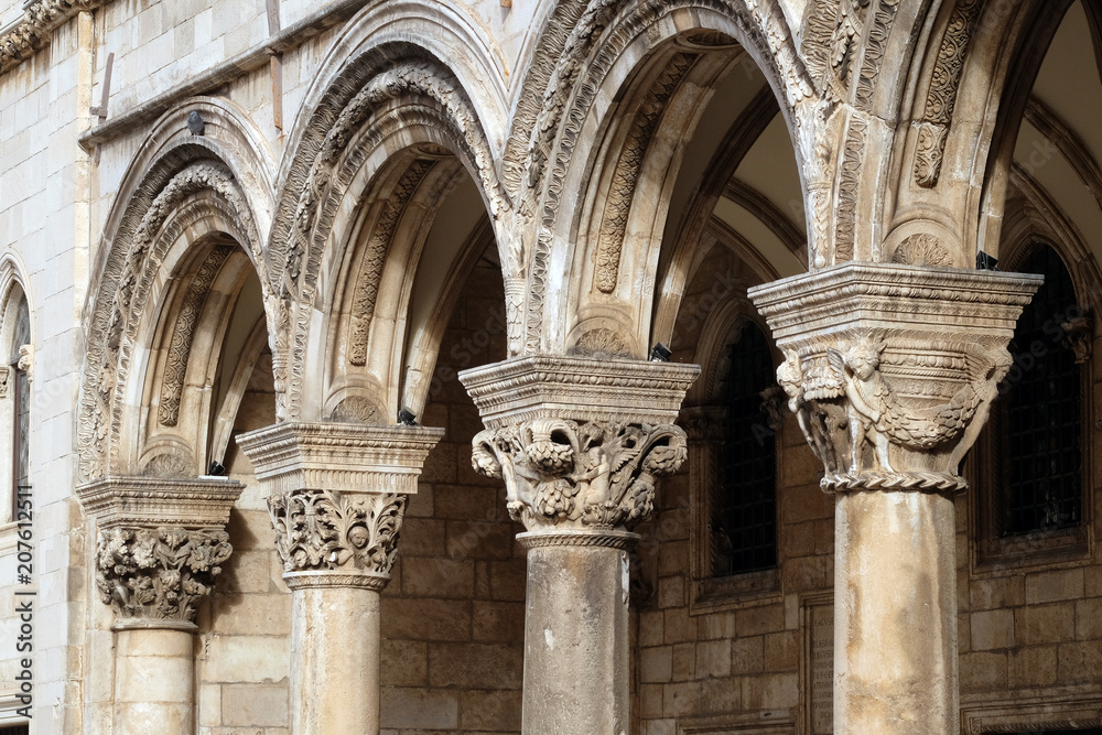 Columns and exterior of the Duke's Palace (Knezev dvor) in the Old Town of Dubrovnik, Croatia 