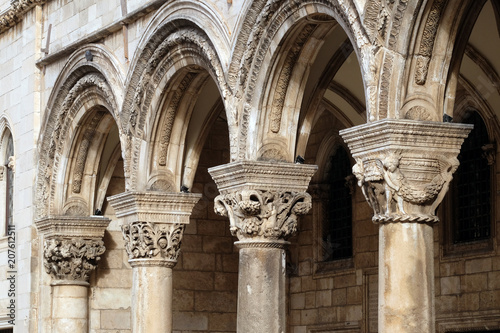 Columns and exterior of the Duke's Palace (Knezev dvor) in the Old Town of Dubrovnik, Croatia 