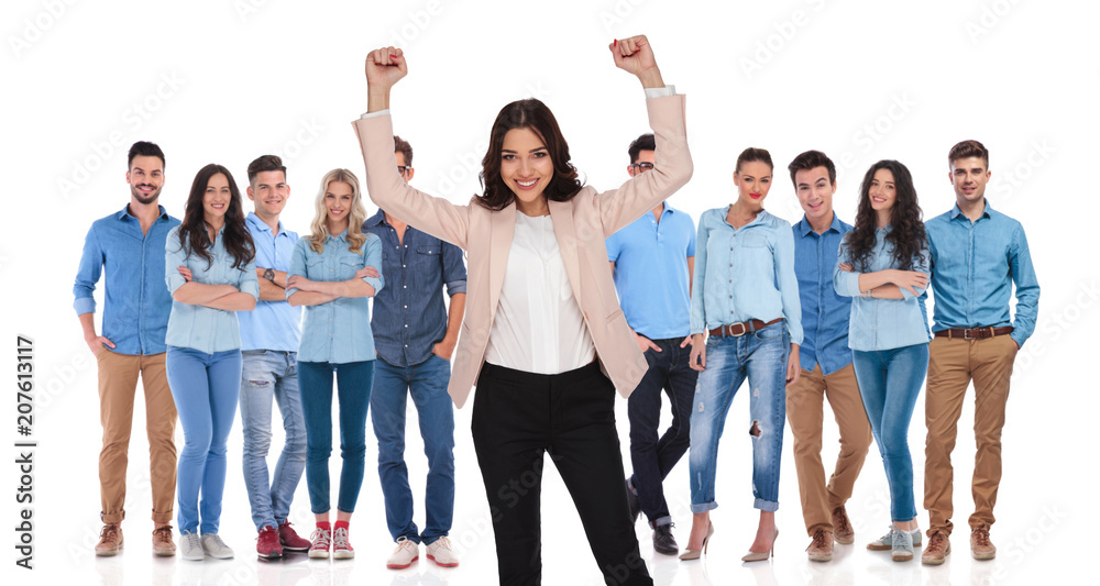 Fototapeta premium businesswoman team leader celebrating victory with her group