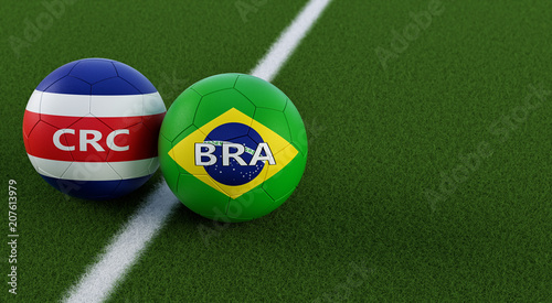 Costa Rica vs. Brazil Soccer Match - Soccer balls in Costa Rica and Brazil national colors on a soccer field. Copy space on the right side - 3D Rendering 