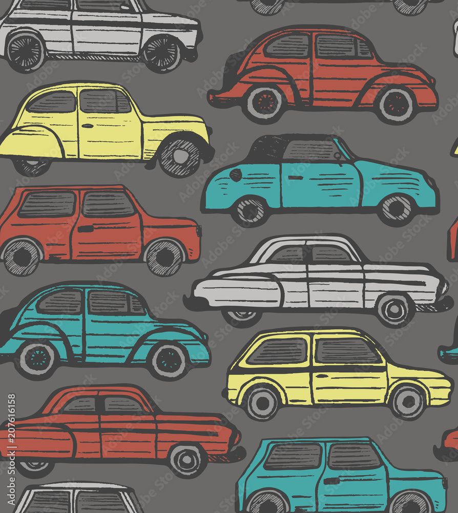 Colored Pattern with Retro Cars in Hand-Drawn Style