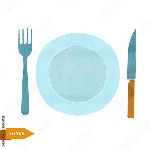 Fork, plate ,spoon watercolor