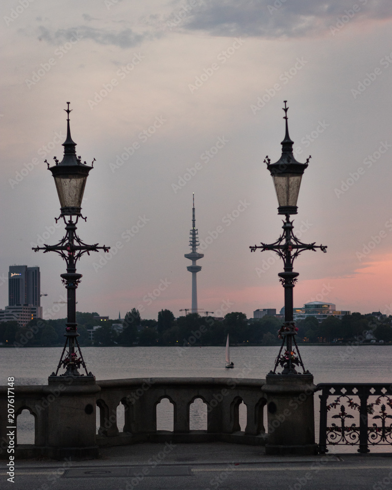 Looking at the Hamburg tv tower during sunset
