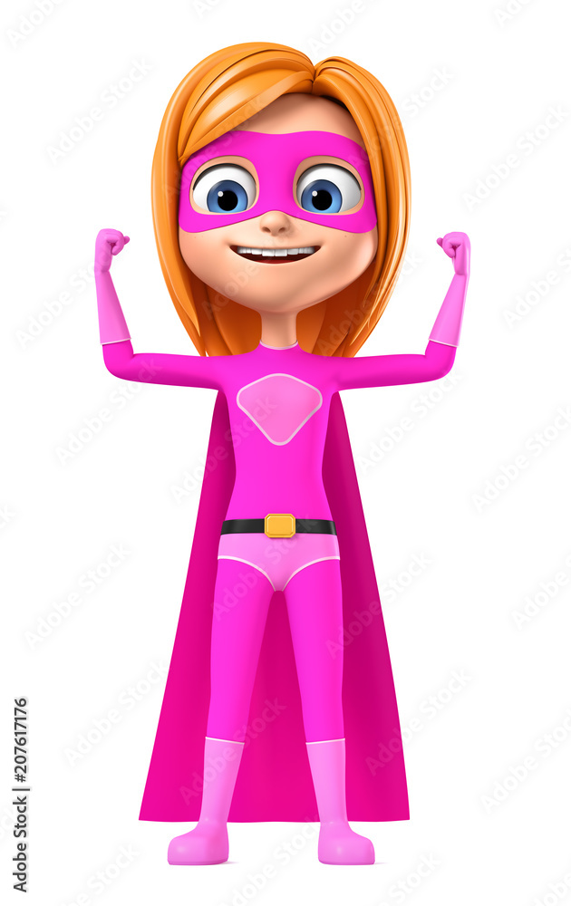 Cheerful girl in a superhero costume in pink shows muscles on a white background. 3d render illustration. Cheerful girl in a superhero costume in pink shows muscles on a white background. 3d render illustration.