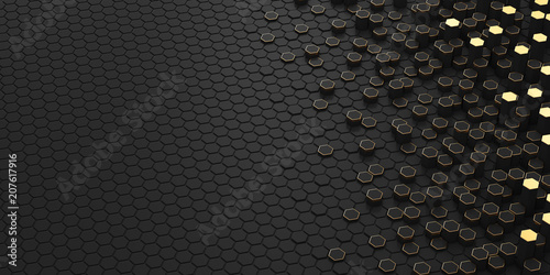 Black hexagons. 3D renderin...
