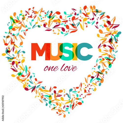 Colorful Music Quote notes background. Musical festival poster template. Inspirational motivational quotes about music. Vector Illustration. Lettering text - Music one love. 