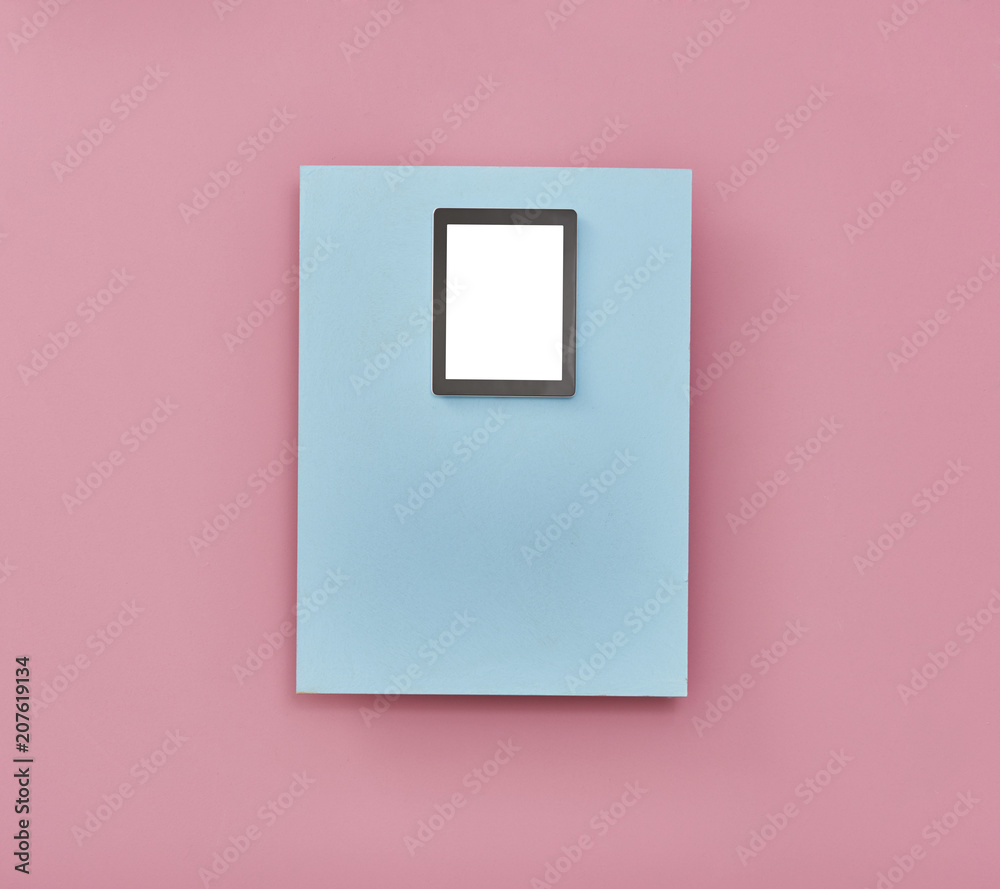 tablet on the blue background summer style.