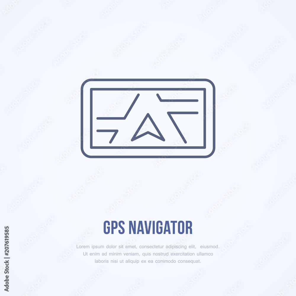 Gps navigator flat line icon. Navigation, vector illustration of traveling device. Thin linear logo for technology store. Gps navigator flat line icon. Navigation, vector illustration of traveling device. Thin linear logo for technology store.