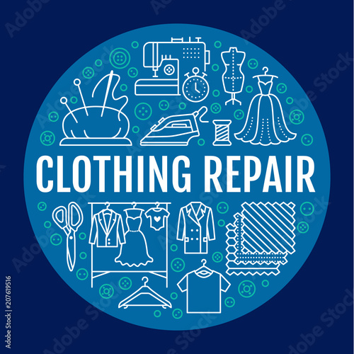 Clothing repair, alterations studio equipment banner illustration. Vector line icons of tailor store services - dressmaking, dress, garment sewing. Clothes atelier blue circle poster template.
