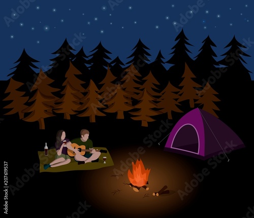 Hand drawn vector illustration of couple summer camping