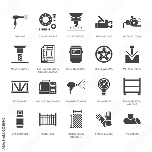 Welding services flat glyph icons. Rolled metal products, steelwork, stainless steel laser cutting, fabrication, safety equipment. Industry sign for welder. Solid silhouette pixel perfect 64x64.