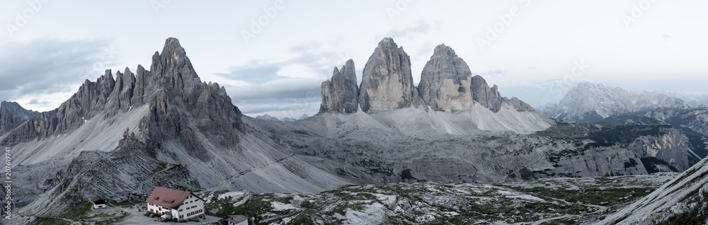 Foggy morning scene in the National Park Tre Cime di Lavaredo with rifugio Lacatelli. Dolomite Alps, South Tyrol. Location Auronzo, Italy, Europe.