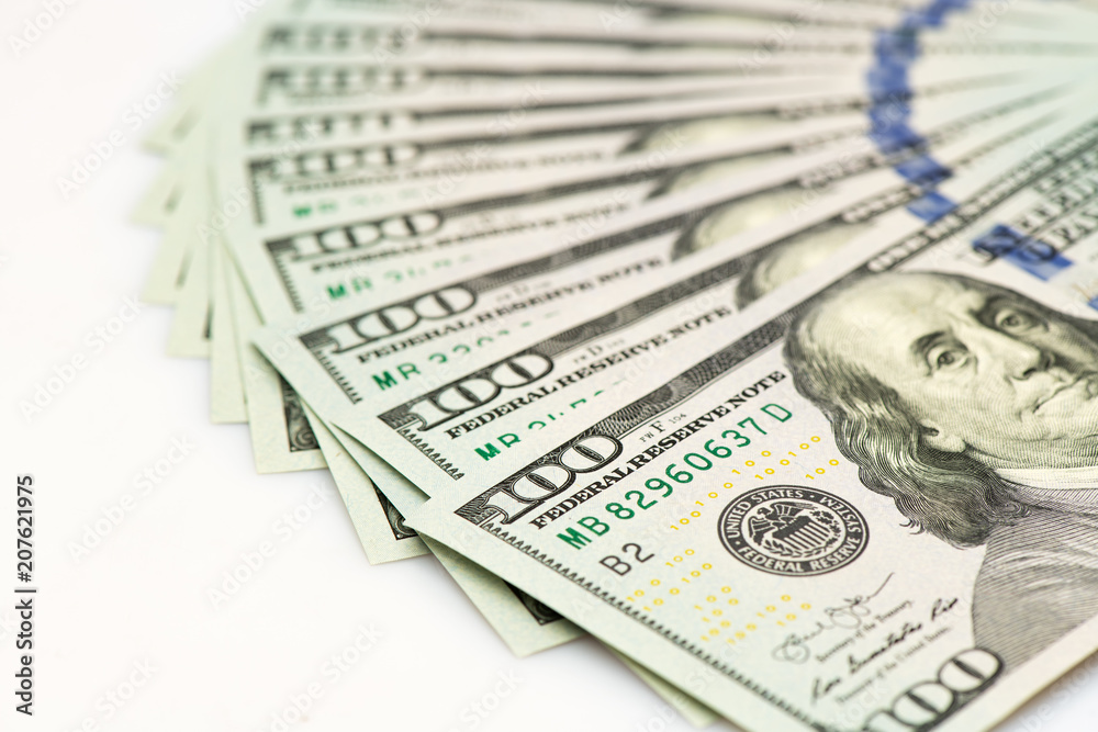 Fan of new 100 dollar banknotes. close-up view Fan of new 100 dollar banknotes. close-up view