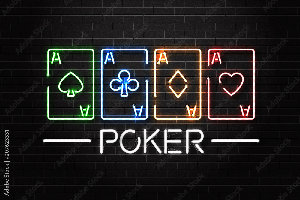Vector realistic isolated neon sign of Poker logo with playing cards