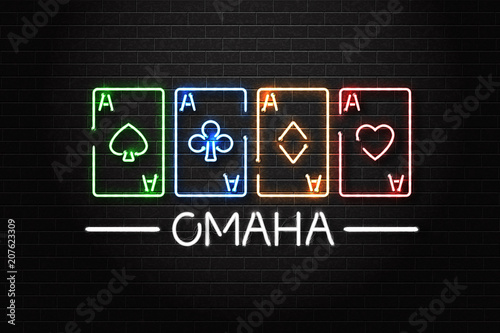 Vector realistic isolated neon sign of Omaha poker logo with playing ace cards for decoration and covering on the wall background. Concept of casino and gambling.