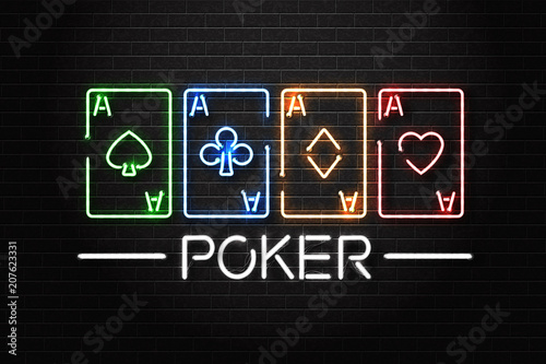Vector realistic isolated neon sign of Poker logo with playing cards for decoration and covering on the wall background. Concept of poker, casino and gambling.