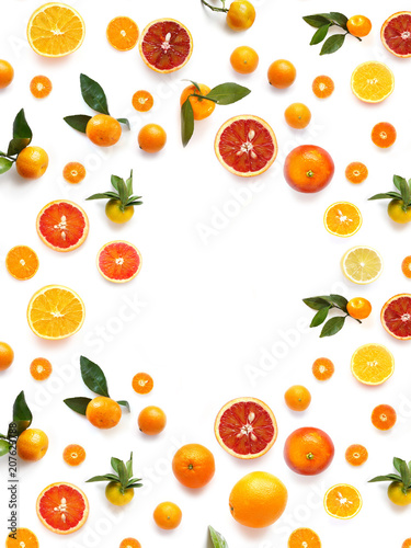 Various  fruits  orange  tangerine  isolated on white background  top view  creative flat layout. 