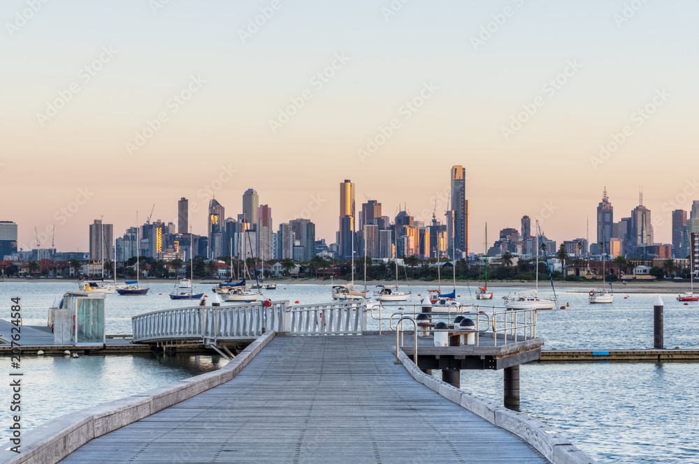 Melbourne city skyline seen from St Kilda Pier, Australia