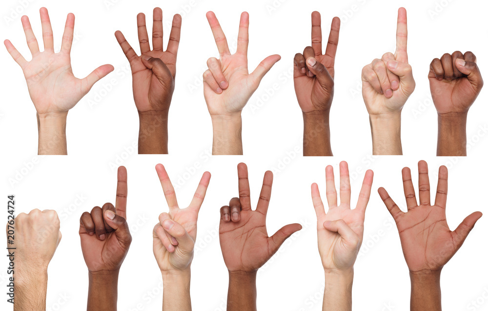 Set of black and white man's hands. Male hands show figures, counting