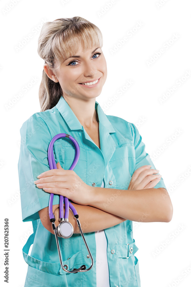 a beautiful smiling female doctor crossed arms isolated portrait a beautiful smiling female doctor crossed arms isolated portrait