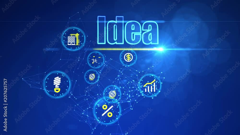 An enthusiastic 3d rendering of modern business ideas bringing profit. They look like circles in the blue background. They are crypto currency, electricity, construction, and stock.