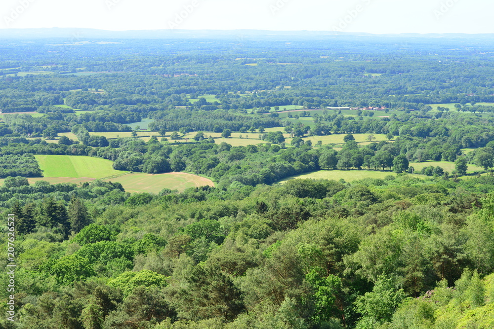 Looking down at the Sussex countryside from Leith hill in Surrey.
