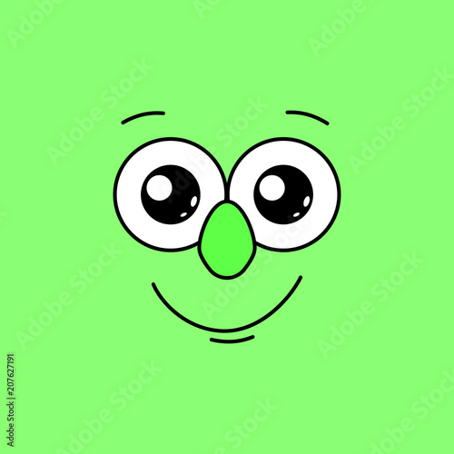 Smiling face with big eyes on a green background. Vector illustration