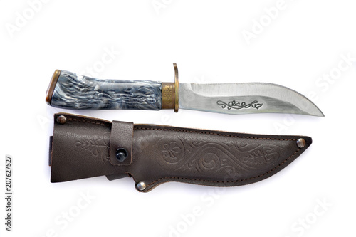 Obraz na plátně Knife with grey handle for hunting and survival and brown leather sheath on white isolated background