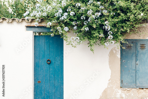 House white facade wall with flowers
