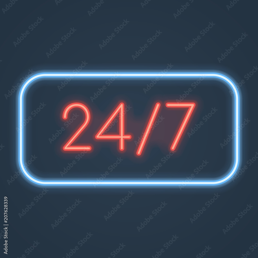 Glowing neon open 24/7 hours sign. Vector illustration. Glowing neon open 24/7 hours sign. Vector illustration.